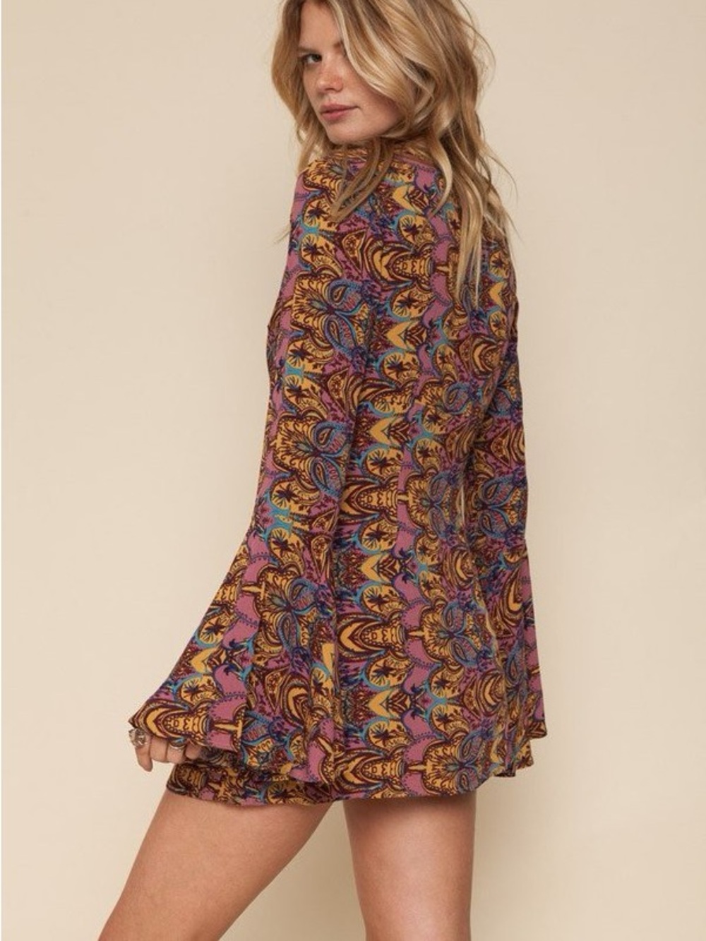 Michael Lauren Multicolor Floral-Print V-Neck Tunic Brown, Orange & Yellow